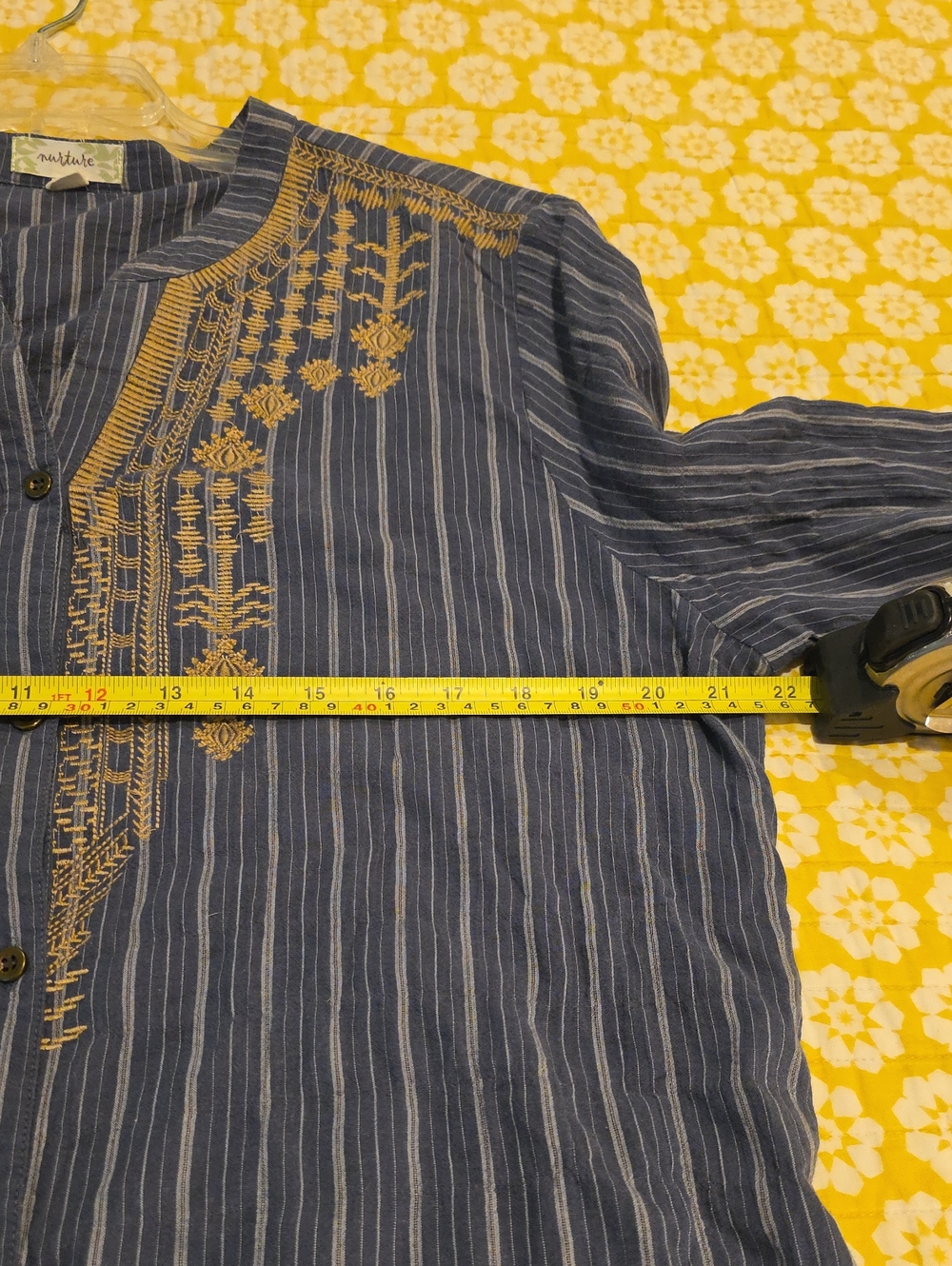 Nurture Blue Stripe Button-Front Shirt Tan Embroidery Loose Flowy Size XL Boho - Picture 8 of 11